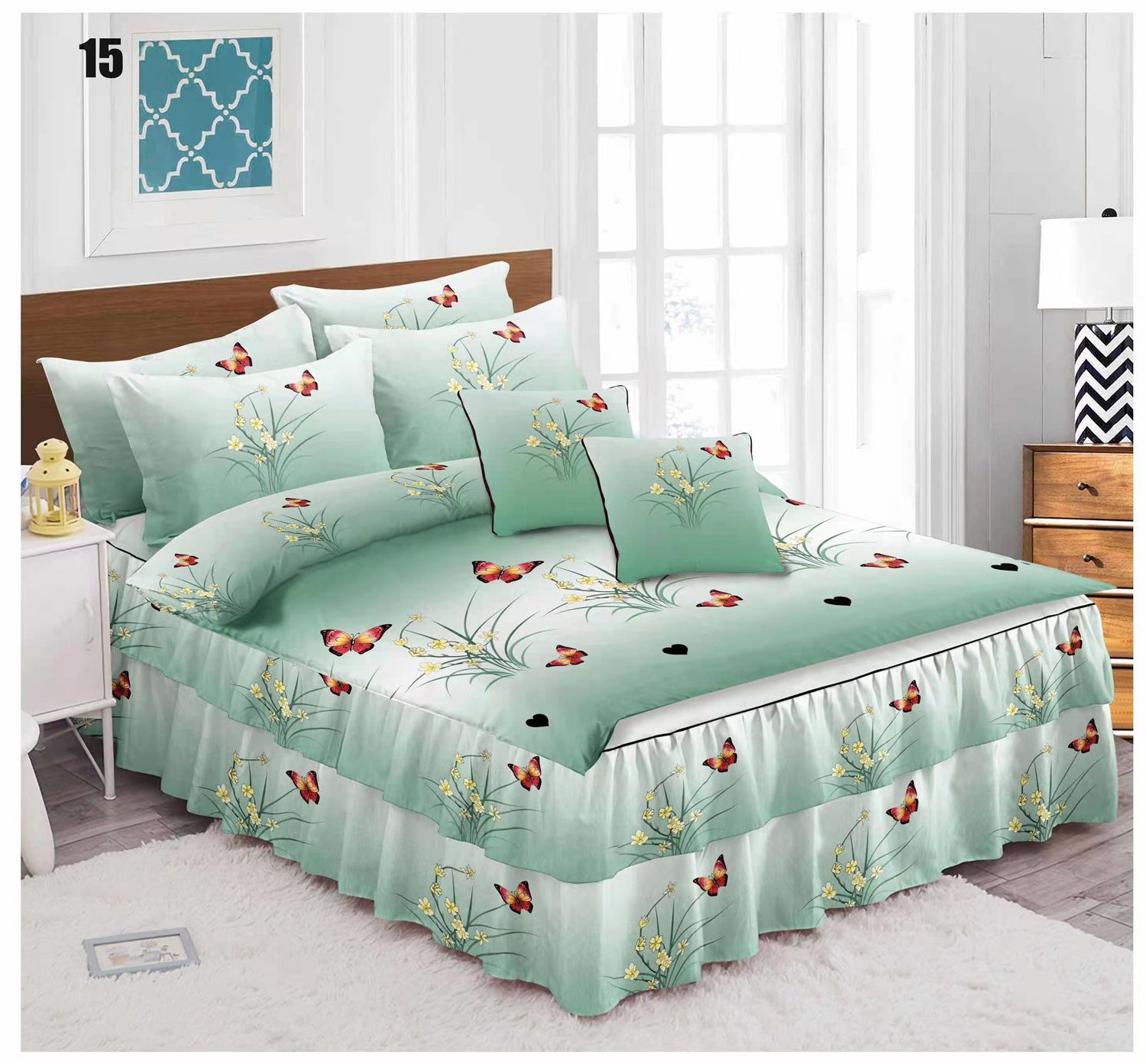 Lenjerie din finet cu volanase flori fluturi verzi